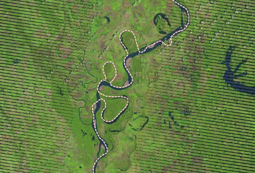 Satellite image of the Arkansas-Tennessee boundary, showing the boundary not aligning with the current course of the Mississippi River
