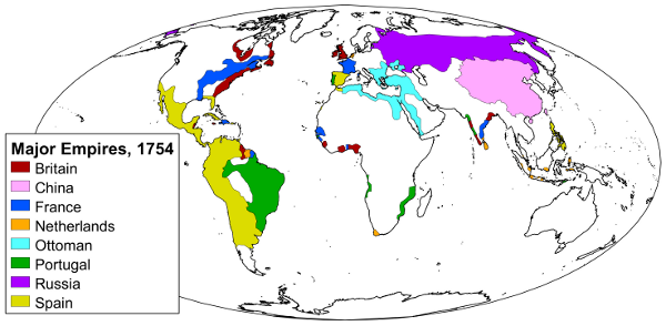 Map of the world showing major empires in 1754