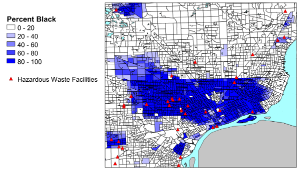 Map of toxic sites and racial makeup of Detroit, MI