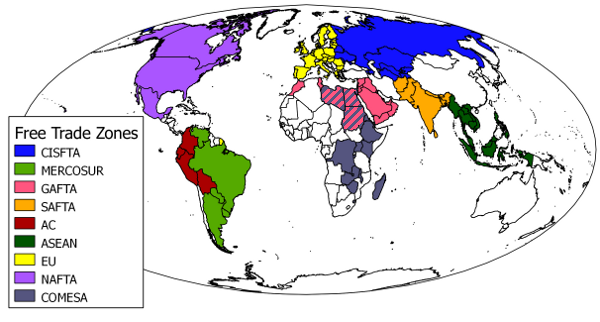 Map of selected free trade areas