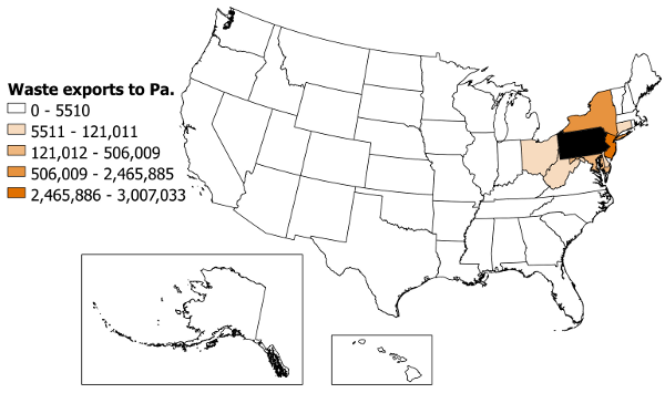 Map of solid waste imports into Pennsylvania