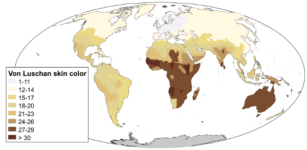 Map of distribution of skin color around the world