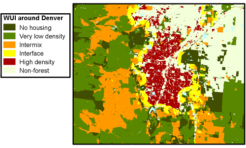 An urban area is surrounded by WUI and then wilderness on the west, and non-forest land on the east