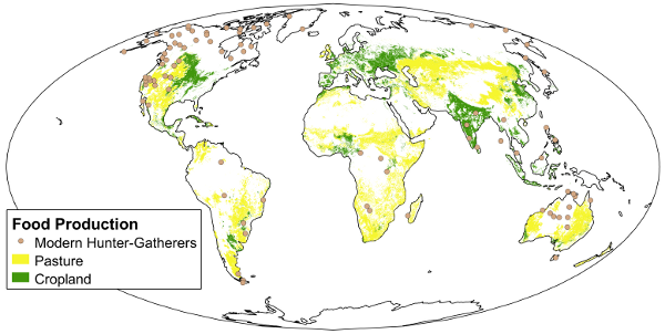 Map of cropland, pasture, and hunter-gatherer societies around the world