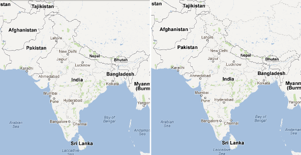 Three local Google Maps show the status of Kashmir -- part of India in India, part of Pakistan in Pakistan, and with both disputed borders in the rest of the world